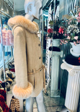 Load image into Gallery viewer, Genuine Shearling Fur Short Coat with Fox Fur Trim Hood ON SALE!