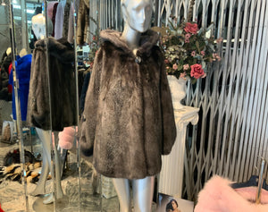 Dark Grey Graphite Mink Fur Cape with Hood Modern Warm Stylish