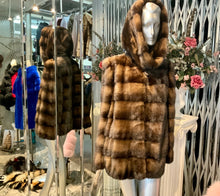 Load image into Gallery viewer, Mahogany Brown Honey Brown Two Tone Mink Fur Jacket with Hood

