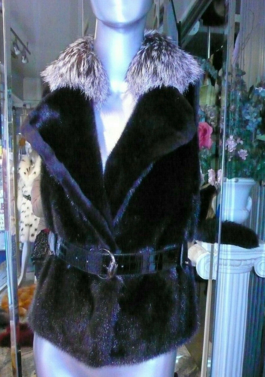 Stunning Black Ranch Mink Fur Vest with Silver Fox Fur Collar Notch Collar