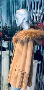 Genuine Sheepskin Short Coat with Tanuki Fur Trim Hood