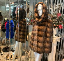 Load image into Gallery viewer, Mahogany Brown Honey Brown Two Tone Mink Fur Jacket with Hood
