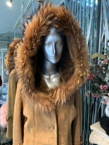 Genuine Sheepskin Short Coat with Tanuki Fur Trim Hood