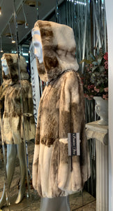 Sheared Mink Fur with Double Fur Hood Off-White Two Tonal