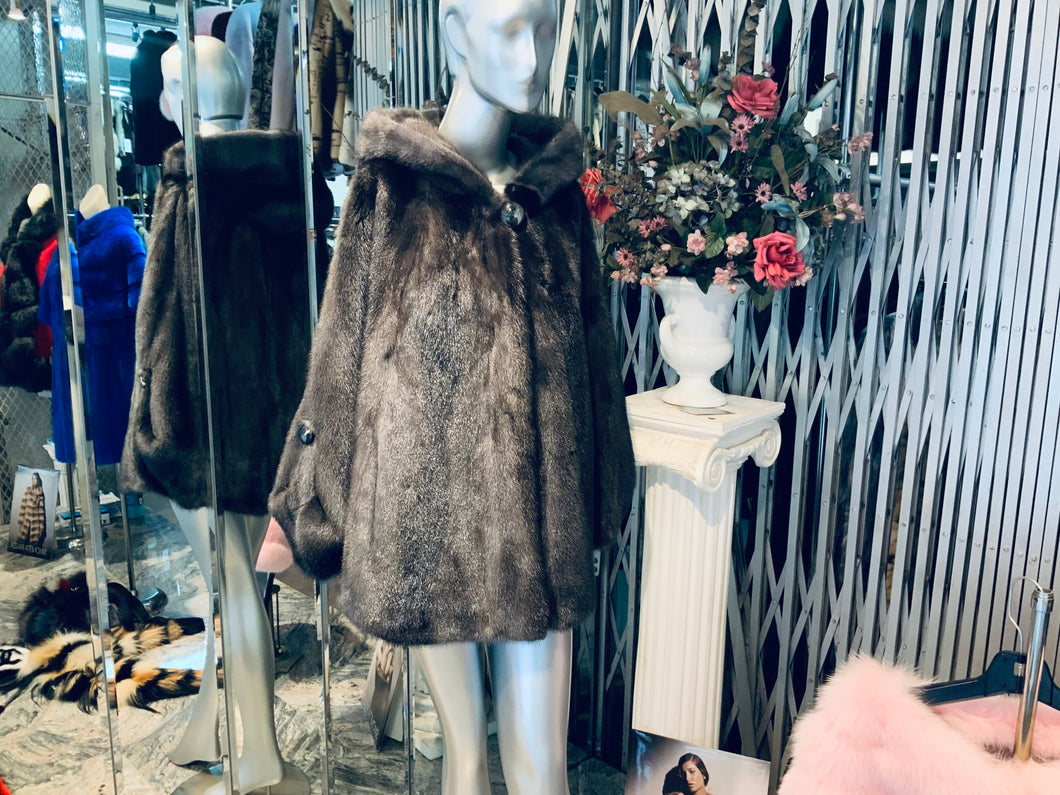Dark Grey Graphite Mink Fur Cape with Hood Modern Warm Stylish