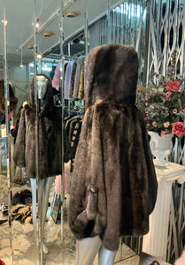 Dark Grey Graphite Mink Fur Cape with Hood Modern Warm Stylish