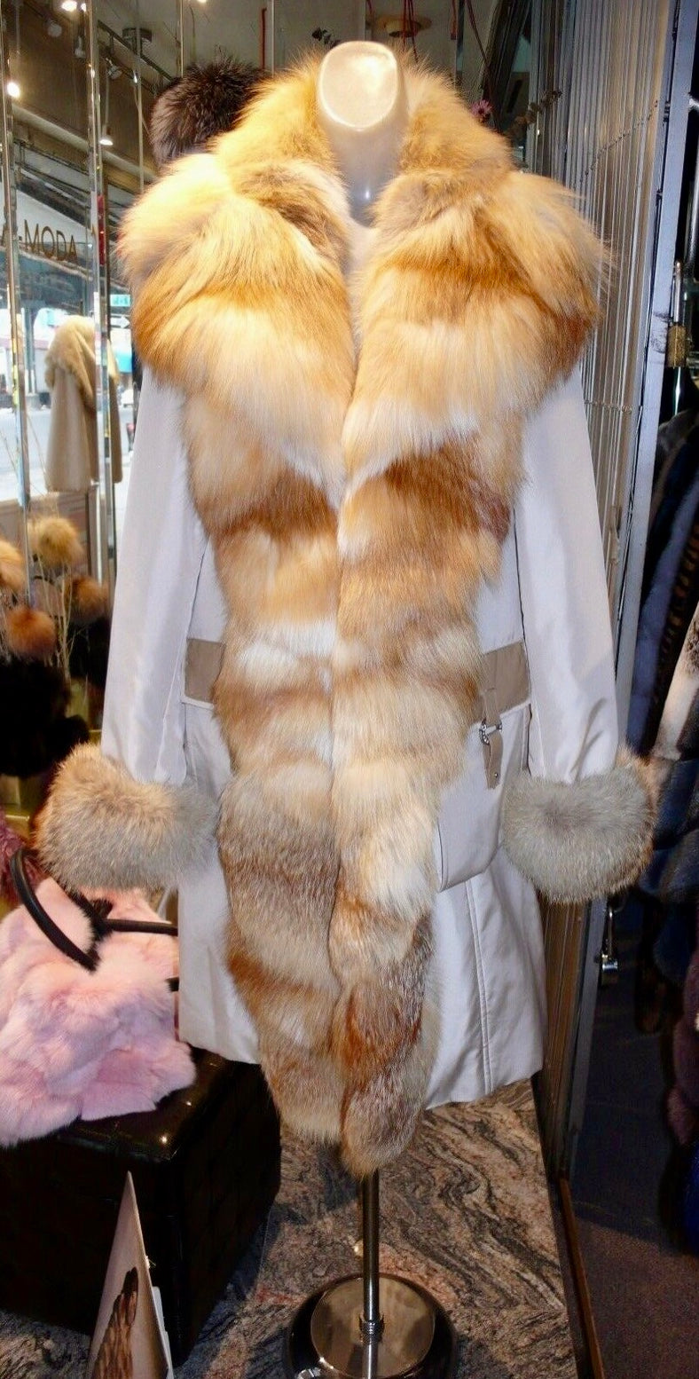DESIGNER Raincoat with GOLDEN ISLAND Fox Fur Scalloped Tuxedo Collar and CUFFS