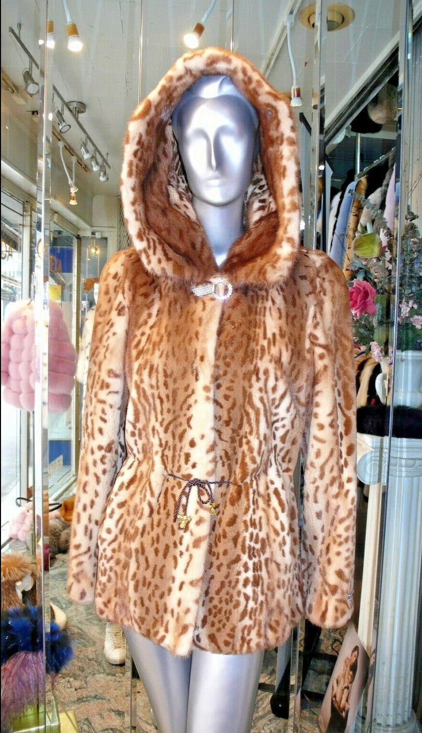Printed Mink Fur Jacket with Hood