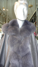 Load image into Gallery viewer, NEW SALE PRICE! Dark Grey Graphite CASHMERE CAPE with Matching Fox Trim &amp; Detachable Hood New Spring Price!
