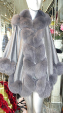 Load image into Gallery viewer, NEW SALE PRICE! Dark Grey Graphite CASHMERE CAPE with Matching Fox Trim &amp; Detachable Hood New Spring Price!

