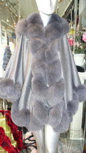 NEW SALE PRICE! Dark Grey Graphite CASHMERE CAPE with Matching Fox Trim & Detachable Hood New Spring Price!