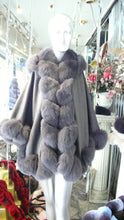 Load image into Gallery viewer, NEW SALE PRICE! Dark Grey Graphite CASHMERE CAPE with Matching Fox Trim &amp; Detachable Hood New Spring Price!
