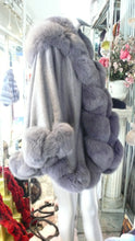 Load image into Gallery viewer, NEW SALE PRICE! Dark Grey Graphite CASHMERE CAPE with Matching Fox Trim &amp; Detachable Hood New Spring Price!
