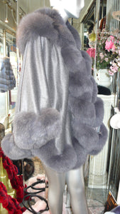 NEW SALE PRICE! Dark Grey Graphite CASHMERE CAPE with Matching Fox Trim & Detachable Hood New Spring Price!