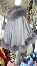 Load image into Gallery viewer, NEW SALE PRICE! Dark Grey Graphite CASHMERE CAPE with Matching Fox Trim &amp; Detachable Hood New Spring Price!
