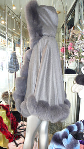 NEW SALE PRICE! Dark Grey Graphite CASHMERE CAPE with Matching Fox Trim & Detachable Hood New Spring Price!