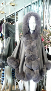 NEW SALE PRICE! Dark Grey Graphite CASHMERE CAPE with Matching Fox Trim & Detachable Hood New Spring Price!