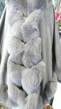 Load image into Gallery viewer, NEW SALE PRICE! Dark Grey Graphite CASHMERE CAPE with Matching Fox Trim &amp; Detachable Hood New Spring Price!
