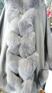 NEW SALE PRICE! Dark Grey Graphite CASHMERE CAPE with Matching Fox Trim & Detachable Hood New Spring Price!