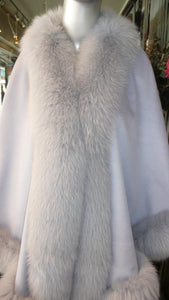 Gorgeous PALE Lavender/ Lilac Light Blue Cashmere Cape with Fox Fur Trim
