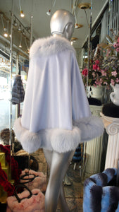 Gorgeous PALE Lavender/ Lilac Light Blue Cashmere Cape with Fox Fur Trim