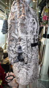 Modern Two Tonal Grey Silver Kalgan Lamb Fur Stroller Coat with Leather Detail