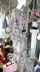 Modern Two Tonal Grey Silver Kalgan Lamb Fur Stroller Coat with Leather Detail