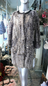 Modern Two Tonal Grey Silver Kalgan Lamb Fur Stroller Coat with Leather Detail