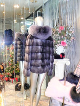 Load image into Gallery viewer, Modern Two-Tone Mink Fur Jacket with Full Fox Fur Trim Hood Dark Lavender
