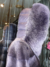 Load image into Gallery viewer, Modern Two-Tone Mink Fur Jacket with Full Fox Fur Trim Hood Dark Lavender
