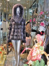 Load image into Gallery viewer, Modern Two-Tone Mink Fur Jacket with Full Fox Fur Trim Hood Dark Lavender
