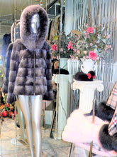 Load image into Gallery viewer, Modern Two-Tone Mink Fur Jacket with Full Fox Fur Trim Hood Dark Lavender
