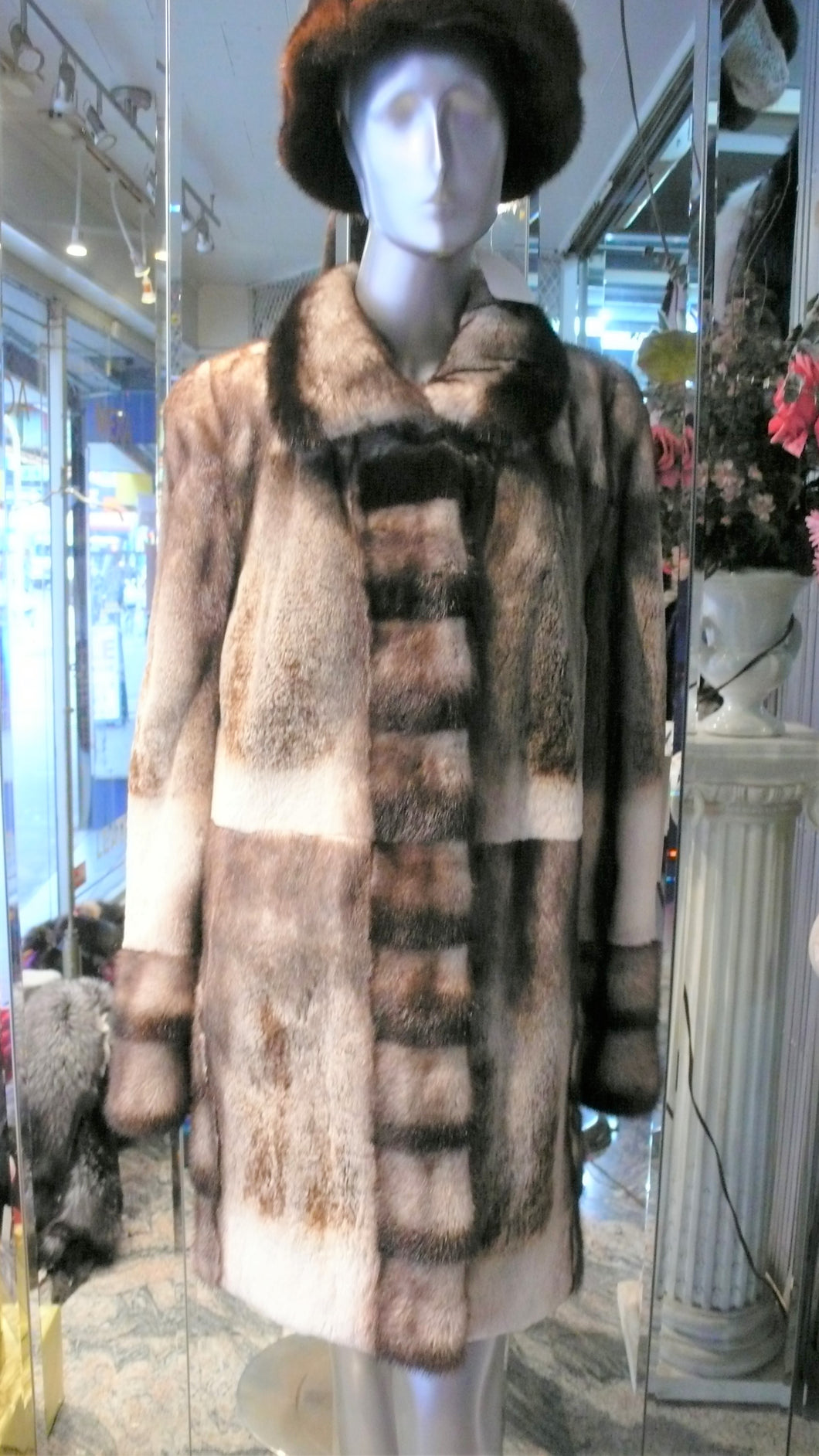 Off White Mink Fur Two Tone Stroller Coat with Collar Brown