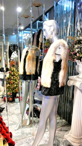 Black SWAKARA Fur Vest with Red Fox Fur Front Back Trim PREMIER FURS